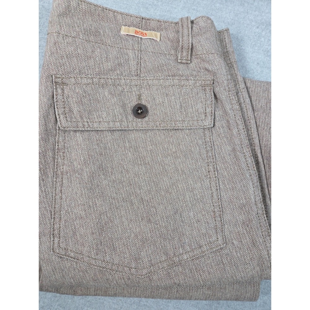 Hugo Boss Herringbone Dress Pants Womens 32x28 Brown Wide Leg Flap‎ Pockets Work